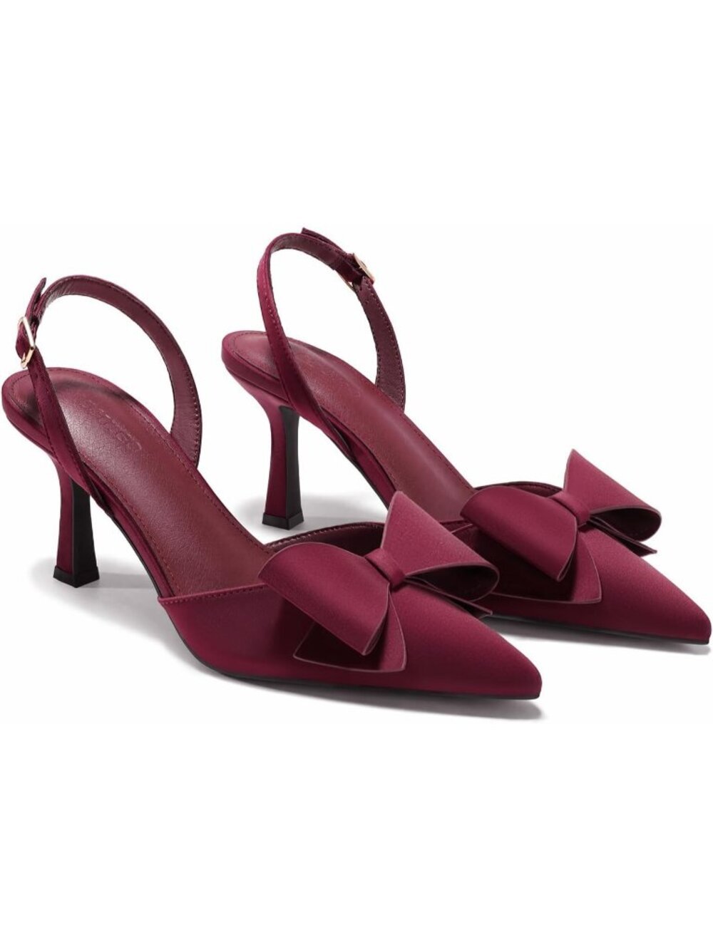 Women's Burgundy Kitten Heel Bow Slingback Satin Slip On Closed Pointed Toe Pump
